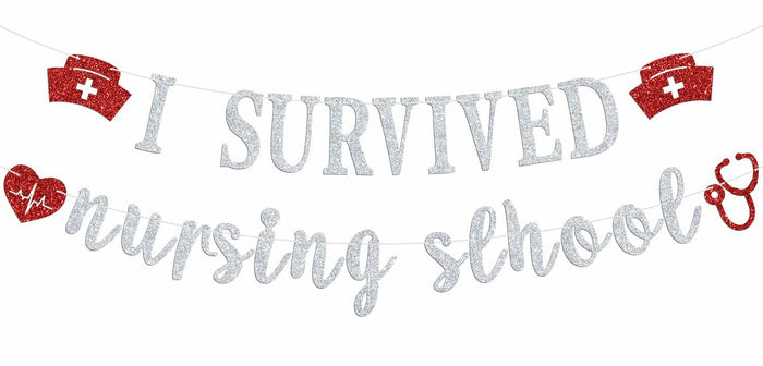 RLXPT I Survived Nursing School Banner Silver Red Congrats Nurse RN Grad 2025 by Deal US