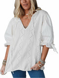 KINLONSAIR Women’s Puff Sleeve V-Neck Knit Top Lightweight White Shirt by Deal US