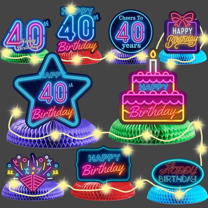 COOSOAR Happy 40th Birthday Neon Glow Honeycomb Centerpieces with Lights by Deal US