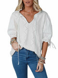 KINLONSAIR Women’s Puff Sleeve V-Neck Knit Top Lightweight White Shirt by Deal US