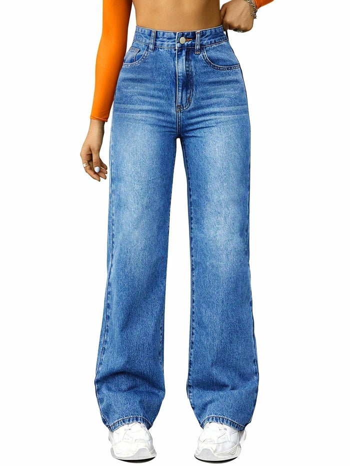 FUNUCA Women’s High Waist Wide Leg Stretch Denim Jeans Blue Size 8 by Deal US