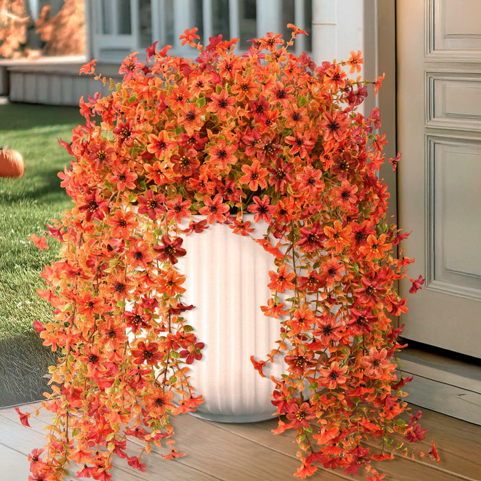 INQCMY Faux Mums Silk Flowers with Autumn Leaves Orange Red 2PCS Outdoor Decor by Deal US