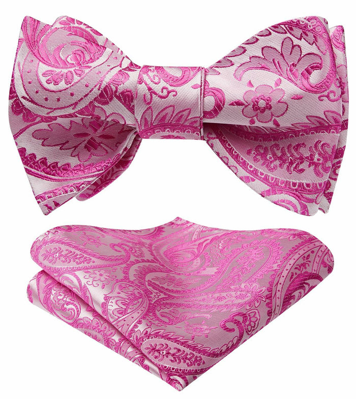 HISDERN Pink Floral Paisley Polyester Bow Tie & Pocket Square Set Size One Size by Deal US