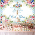 God Bless Backdrop Boy Blue Floral Baptism Party Decoration 7x5FT by Deal US