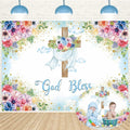God Bless Backdrop Boy Blue Floral Baptism Party Decoration 7x5FT by Deal US