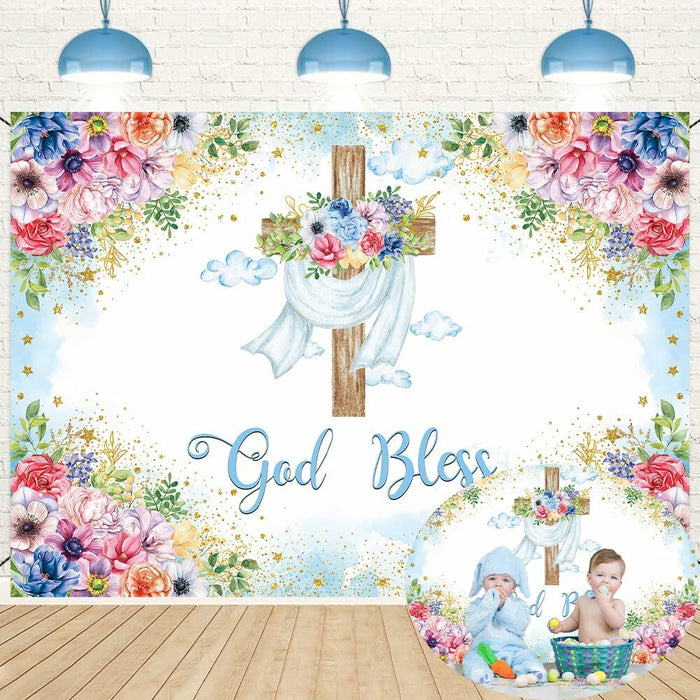 God Bless Backdrop Boy Blue Floral Baptism Party Decoration 7x5FT by Deal US