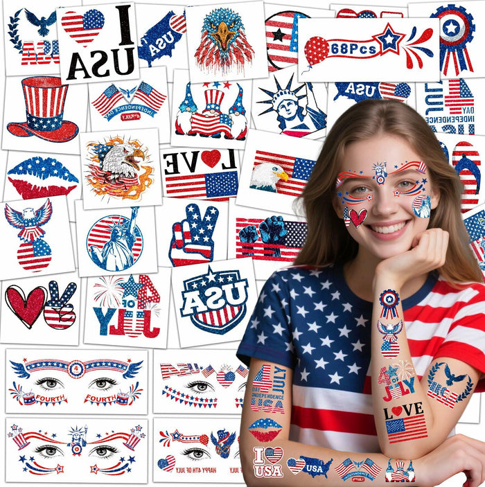 eboozone 4th of July Temporary Tattoos 68pcs Patriotic USA Flag Red/Blue by Deal US