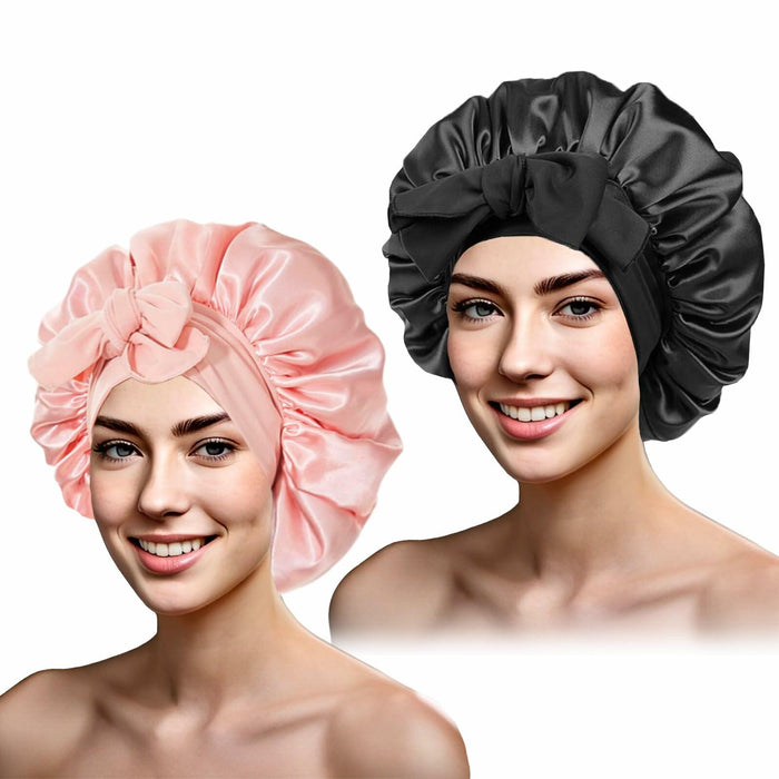 yqswstl 2Pc Silk Bonnet Satin Hair Wrap Tie Band Adjustable Pink+Black by Deal US