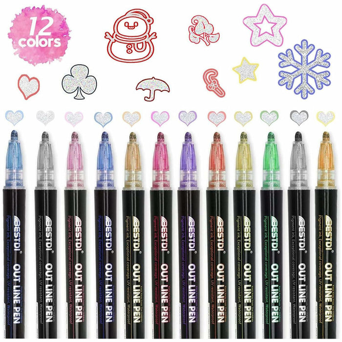 YIJHLHB 12 Color Metallic Outline Markers Double Line Glitter Paint Pink by Deal US