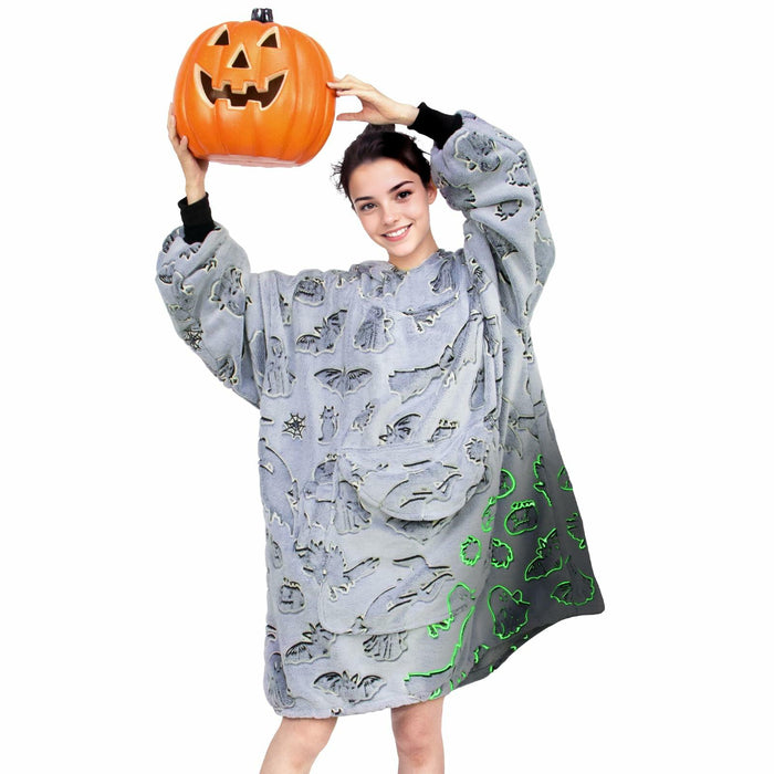 REXEO Halloween Flannel Hoodie Blanket with Pocket Black One Size by Deal US