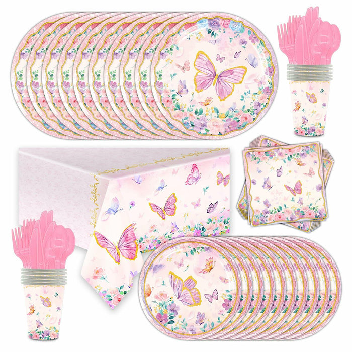 OU RUI 81Pcs Pink Butterfly Party Tableware Set Plates Napkins Tablecloth by Deal US