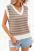 CFLONGE Women's Sleeveless Striped Crochet Knit Sweater Vest Khaki Size XL by Deal US