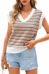 CFLONGE Women's Sleeveless Striped Crochet Knit Sweater Vest Khaki Size XL