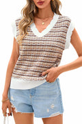 CFLONGE Women's Sleeveless Striped Crochet Knit Sweater Vest Khaki Size XL by Deal US