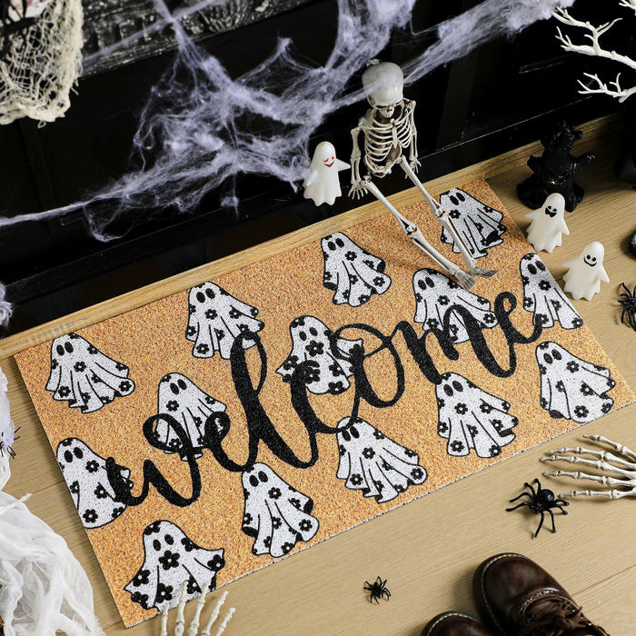 Dunzy Halloween Ghost Welcome Doormat Black Brownish Yellow 17x29 Rectangular by Deal US