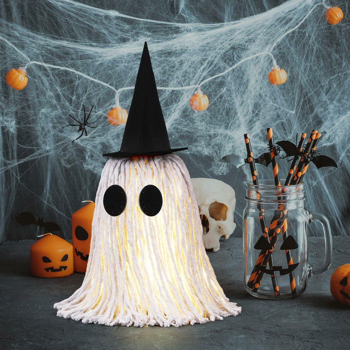 RoundFunny 12in Light Up Boho Ghost Halloween Decoration Witch Hat Black White by Deal US