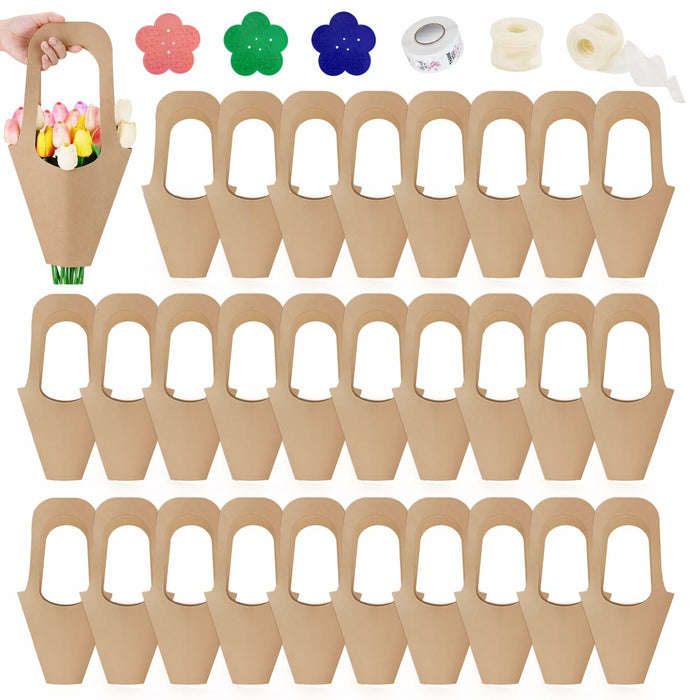 DIBALIYI 25 Pcs Kraft Paper Flower Gift Bags with Handle Brown Floral by Deal US