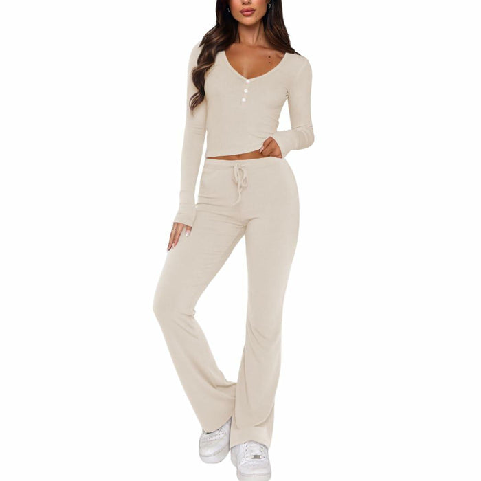 ECHOINE Women's Lounge Set LongSleeve Crop Top Straight Leg Pants Apricot Size L by Deal US