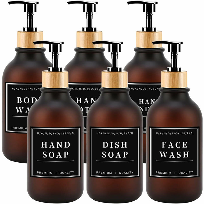 Amorettise Black Plastic Soap Dispenser Bottles 16.9oz 6 Pack Bamboo Pump by Deal US