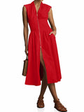 Wenrine Womens Summer Smocked Midi Dress V Neck Cap Sleeve Red Size M by Deal US