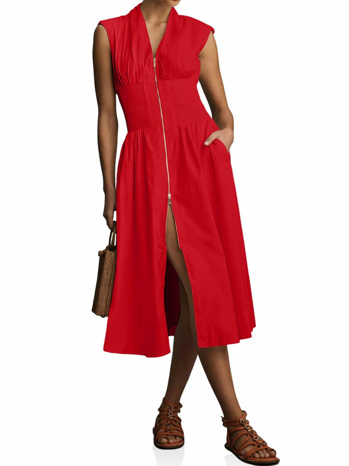 Wenrine Womens Summer Smocked Midi Dress V Neck Cap Sleeve Red Size M by Deal US