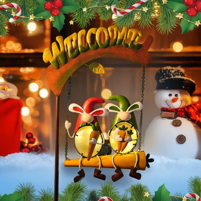HONGLAND Solar Christmas Gnomes Outdoor Decor Orange Rabbit Welcome Sign by Deal US