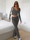 [Like New] FAIRY SEASON Women’s 2pc Lounge Set V-Neck Top Flare Pants Deep Gray S by Deal US