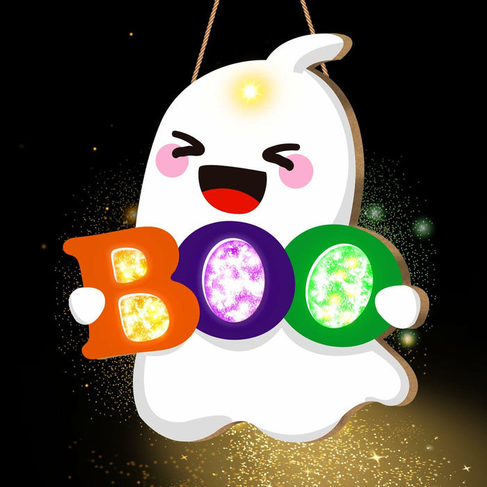 tineit BOO Halloween Ghost Door Decor Lighted Hanging Sign 12x13 White by Deal US