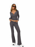 [Like New] FAIRY SEASON Women’s 2pc Lounge Set V-Neck Top Flare Pants Deep Gray S by Deal US