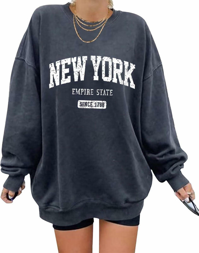 ORANDESIGNE Oversized Graphic Sweatshirt Women Long Sleeve New York Blue Size XS by Deal US