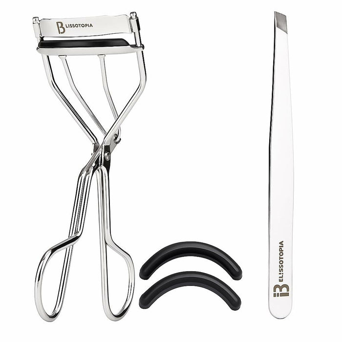 BLISSOTOPIA 2-in-1 Eyelash Curler and Tweezer Set Silver Travel Friendly by Deal US