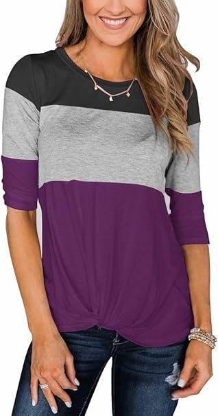 Minthunter Women's Long Sleeve Color Block T-Shirt Round Neck Black-GR-Purple XL by Deal US