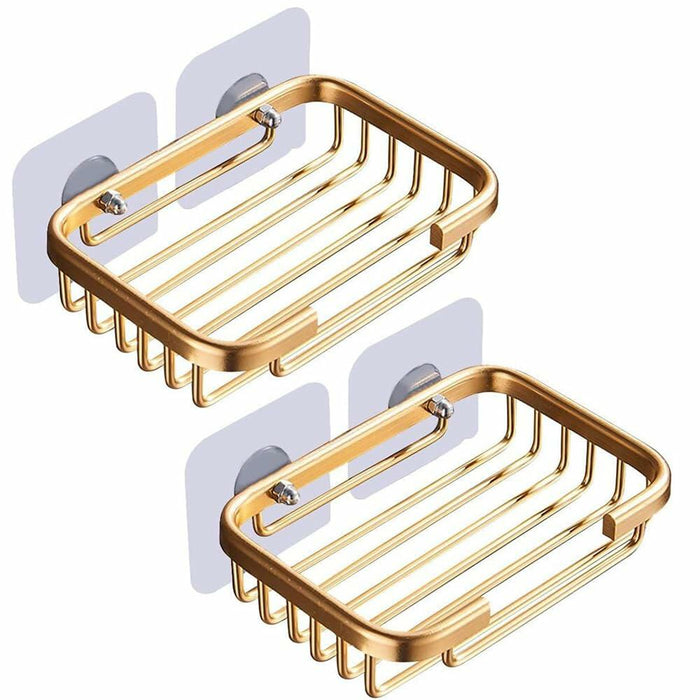 2Pcs Gold Soap Dish Hanging Drain Rack Self Adhesive Bathroom Accessories by Deal US