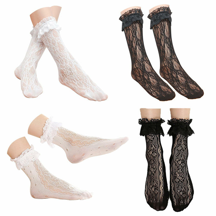 YWAOAIJD Women's Lace Ruffle Ankle Socks Mesh Trim 4 Pairs Size 5-9 Black White by Deal US