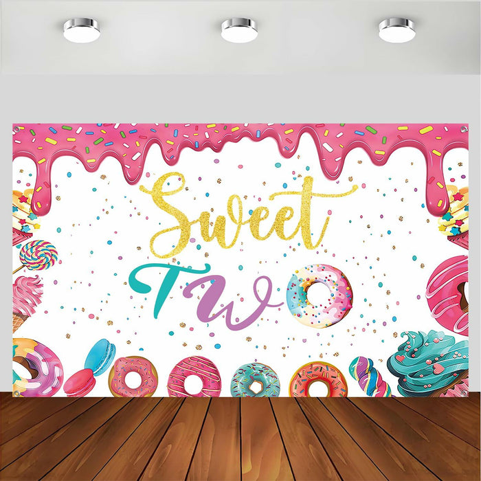 xuanflyF Donut Sweet Two Birthday Party Backdrop Banner 5x3ft Pink Cotton by Deal US