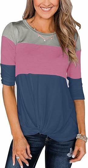 Minthunter Women's Long Sleeve Color T Shirt Round Neck Grey-Pink-Blue Size L by Deal US