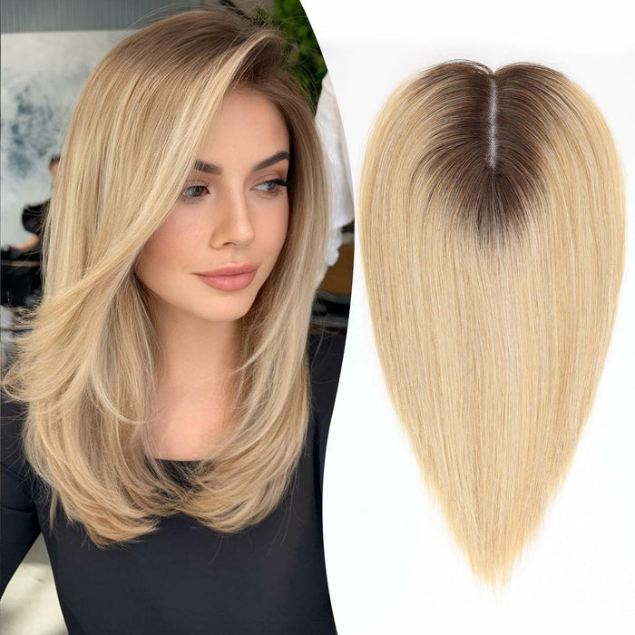 EMMOR 14in Synthetic Hair Topper with 3 Clips 5x3.5 Base Ombre Light Blonde by Deal US