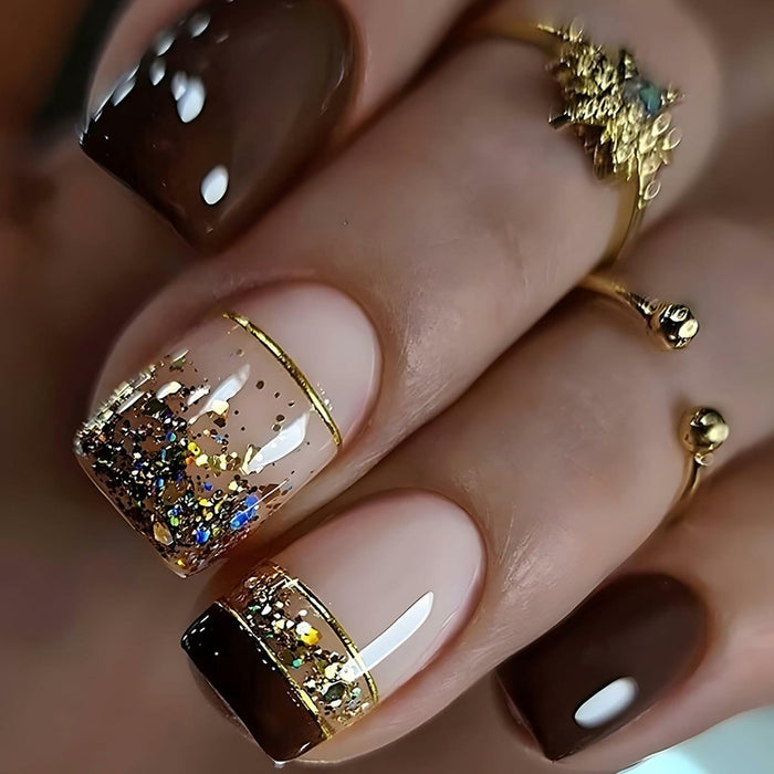 Brown Press On Nails Short Square Glitter Nude Brown Full Cover 24 Pcs by Deal US