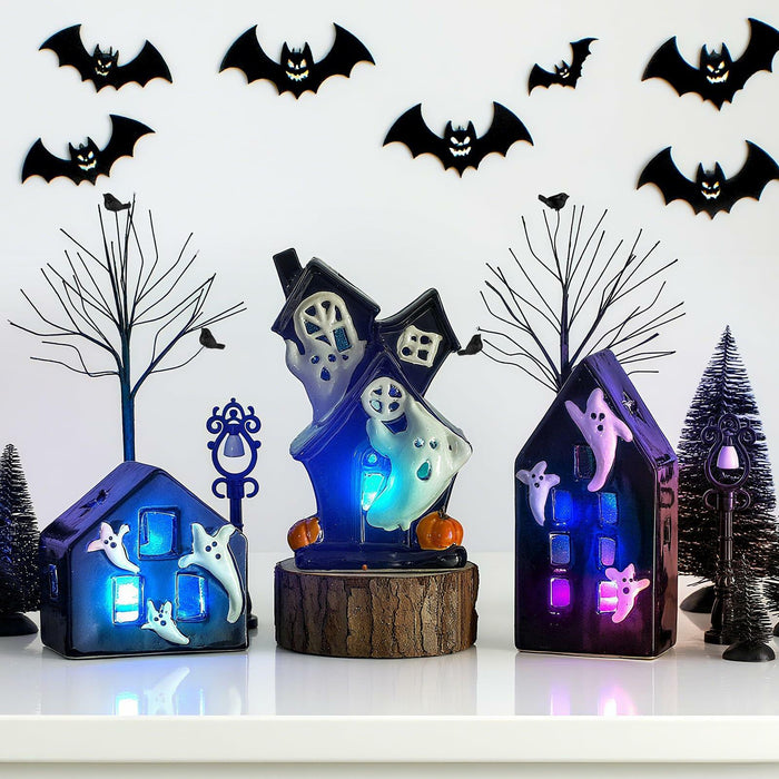 VioraWhite 15 Pcs Lighted Ceramic Halloween Village Accessories Set Black by Deal US