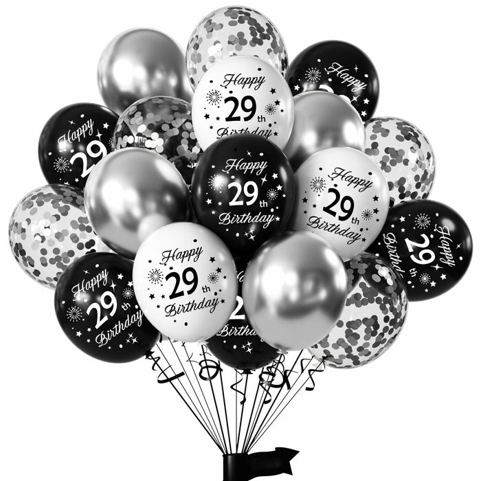 29th Birthday Balloons Set 16pcs Black Silver Latex Confetti Party Decor by Deal US