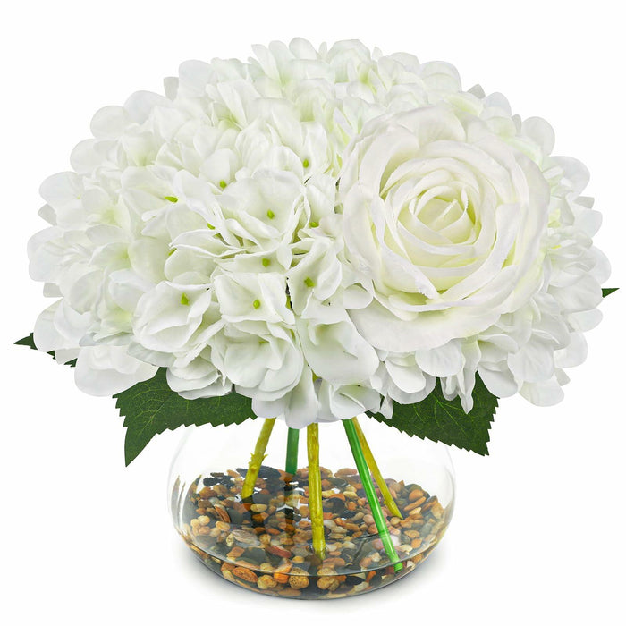 N&T NIETING Artificial White Hydrangea Flowers with Vase & Real Stone Decor by Deal US