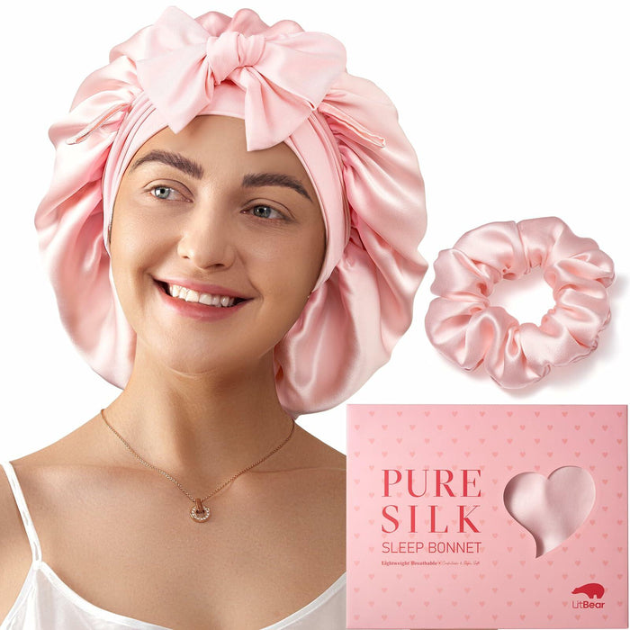 LitBear Mulberry Silk Bonnet 6A 22 Momme Large Double-Layer Pink Tie Band by Deal US