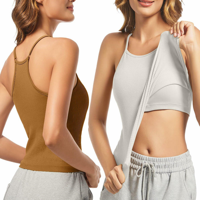 OVESPORT 2Pack Workout Tank Tops Women Built-in Bra Brown+White Size L by Deal US