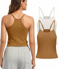 OVESPORT 2Pack Workout Tank Tops Women Built-in Bra Brown+White Size L by Deal US