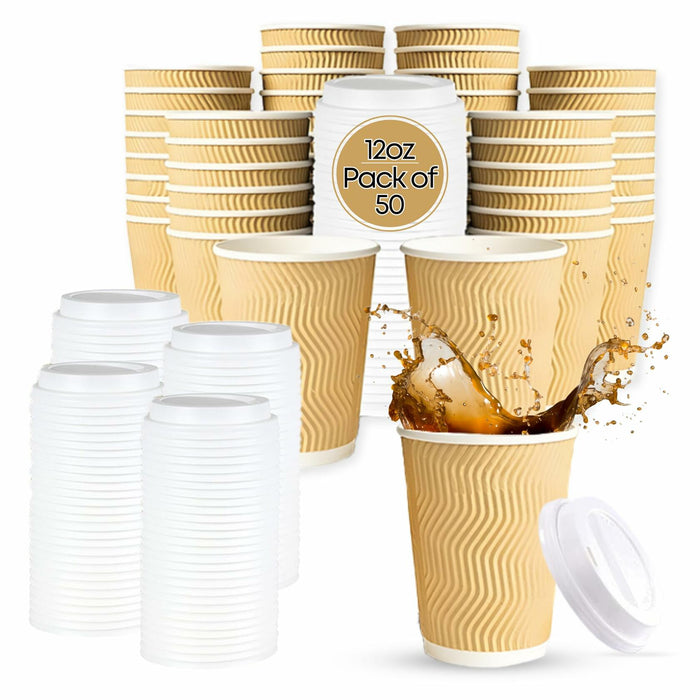 WellMellon 12oz Ripple Wall Disposable Coffee Cups with Lids 50 Count by Deal US