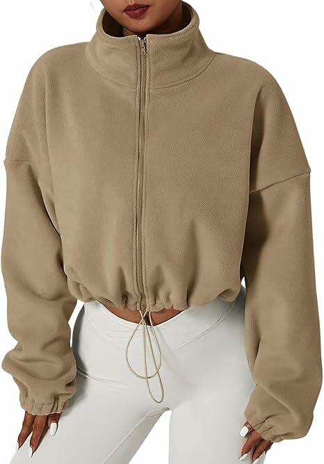 Muchpow Women's Casual Half Zip Fleece Crop Hoodie Khaki Size XL by Deal US