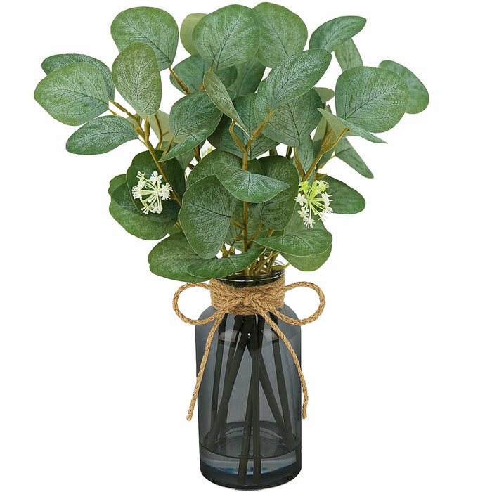 FOREST PRINCE Eucalyptus Stems in Black Vase 15" Green Silk Decor by Deal US