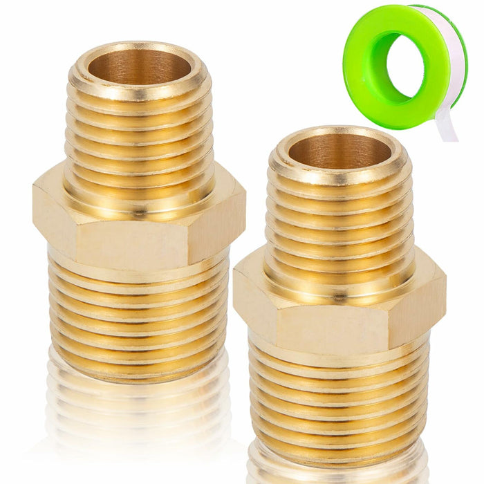 FullMayPro 2pcs Brass Hex Nipple 3/8” NPT to 1/4” NPT Adapter with Teflon Tape by Deal US
