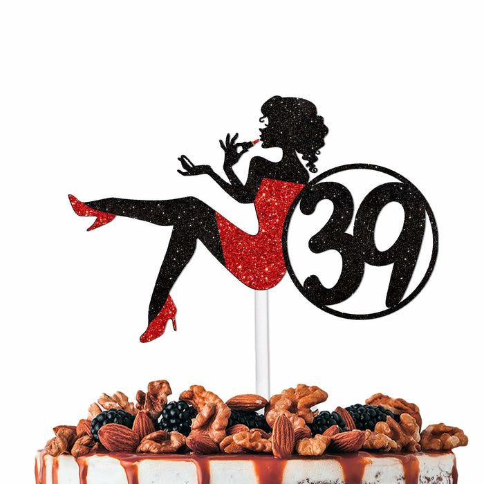 HEYUWING Red Glitter Lipstick 39 Girl Cake Topper Picks Paper Decor by Deal US