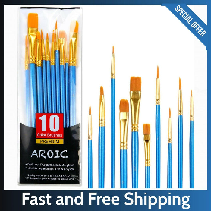 AROIC 10 Pcs Acrylic Paint Brush Set Nylon Hair Watercolor Oil Paint by Deal US